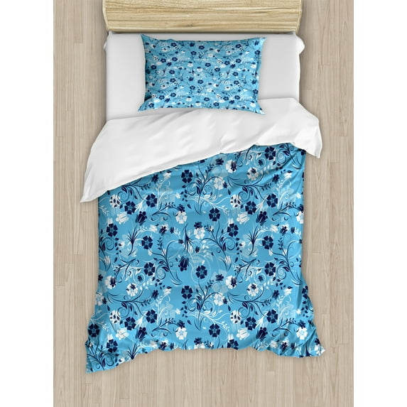 Ambesonne Floral Duvet Cover Sets, Shabby Plant Petals, 2-Twin, Dark Blue White