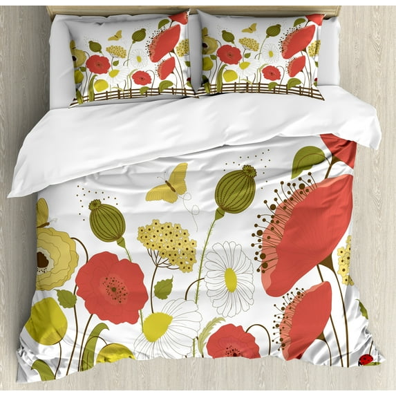 Ambesonne Floral Duvet Cover Sets, Spring Flowers Behind Fence, 2-Queen, Olive Green Dark Salmon