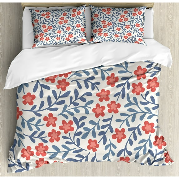 Ambesonne Floral Duvet Cover Sets, Spring Imagery Vintage, 2-King, Cadet Blue Coral Cream