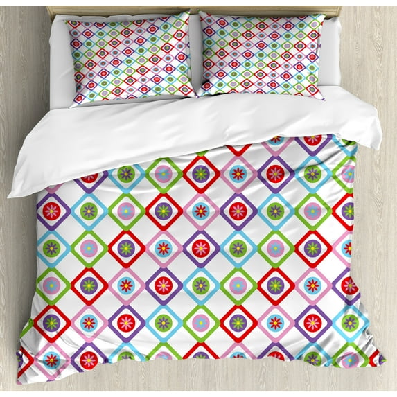 Ambesonne Floral Duvet Cover Sets, Squares with Flowers, 2-Queen, Multicolor