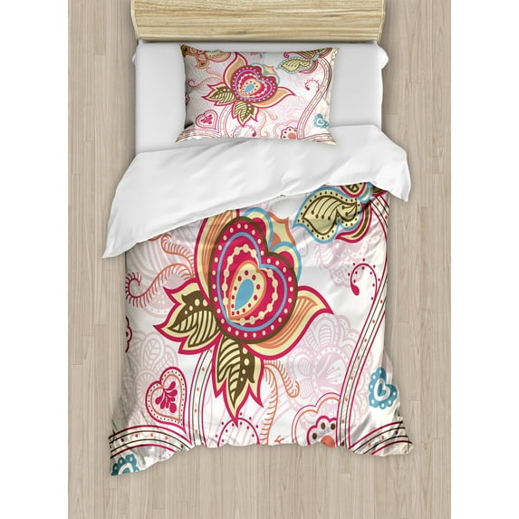 Ambesonne Floral Duvet Cover Sets, Style Butterflies, 2-Twin, Pink Beige Khaki