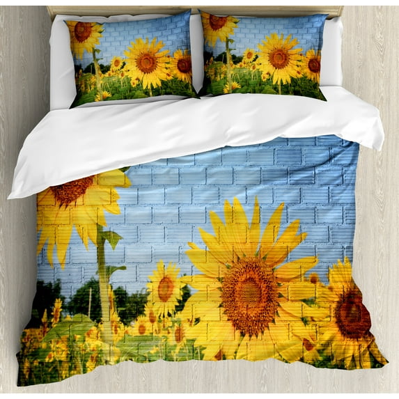 Ambesonne Floral Duvet Cover Sets, Sunflowers on the Wall, 2-Queen, Yellow Green