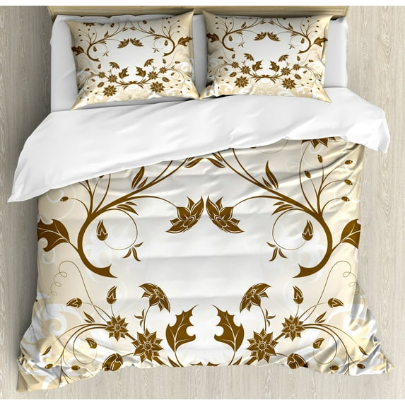 Ambesonne Floral Duvet Cover Sets, Swirled Petals Leaves, 2-Queen, Cream Redwood White