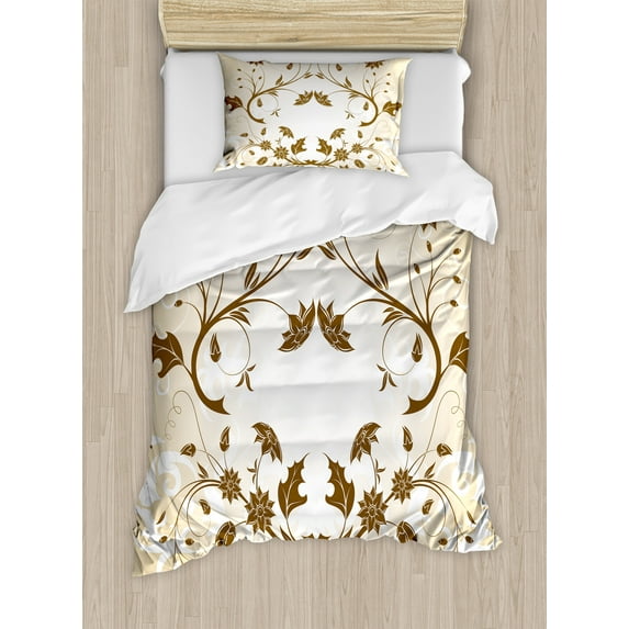 Ambesonne Floral Duvet Cover Sets, Swirled Petals Leaves, 2-Twin, Cream Redwood White