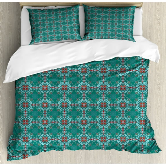Ambesonne Floral Duvet Cover Sets, Traditional Spanish, 2-Queen, Jade Green Pale Blue Red