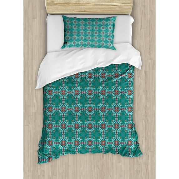 Ambesonne Floral Duvet Cover Sets, Traditional Spanish, 2-Twin, Jade Green Pale Blue Red