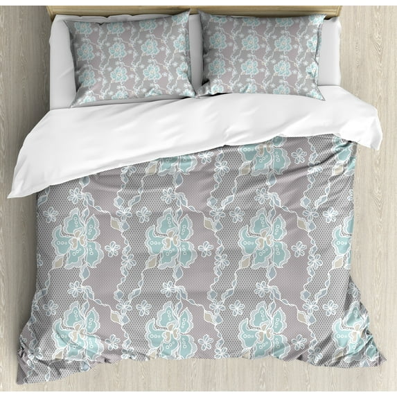 Ambesonne Floral Duvet Cover Sets, Victorian Vintage Soft, 2-Queen, Grey Seafoam Tan