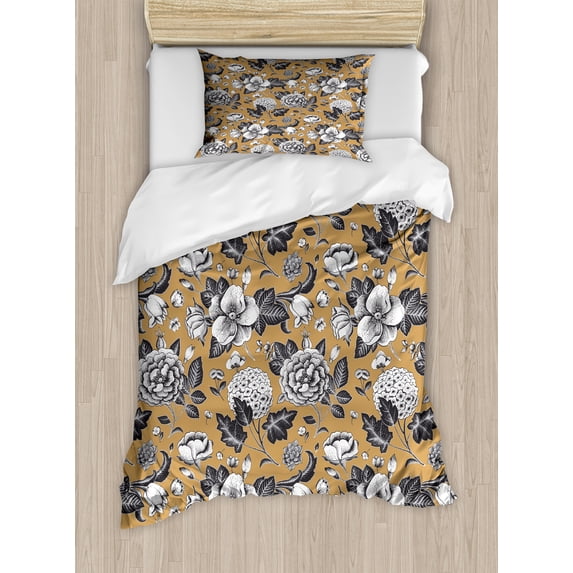 Ambesonne Floral Duvet Cover Sets, Vintage Composition Dog-rose, 2-Twin, Camel Dark Blue Grey