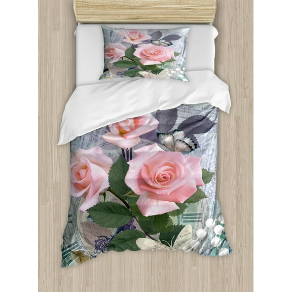 Ambesonne Floral Duvet Cover Sets, Vintage Rose Romance, 2-Twin, Pink Grey