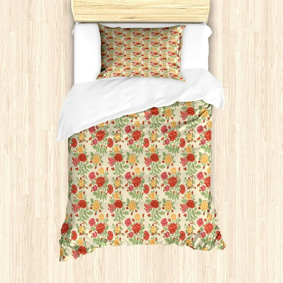 Ambesonne Floral Duvet Cover Sets, Vintage Roses and Berries, 2-Twin, Champagne and Multicolor