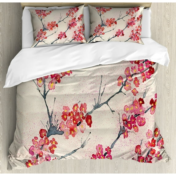 Ambesonne Floral Duvet Cover Sets, Vintage Sakura Flowers, 2-Queen, Pink Beige Grey