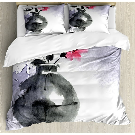 Ambesonne Floral Duvet Cover Sets, Watercolor Coral Vase Orchid, 2-King, Coral Charcoal Grey