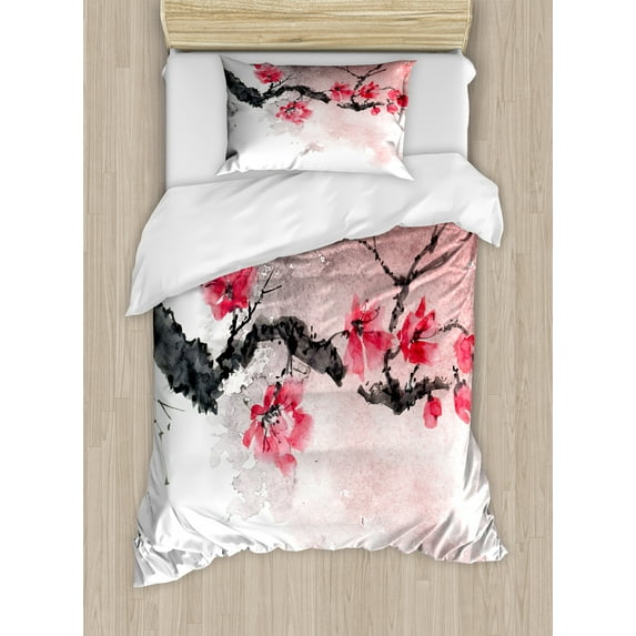 Ambesonne Floral Duvet Cover Sets, Watercolor Floral Art, 2-Twin, Dark Coral Pale Salmon
