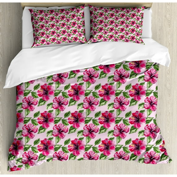 Ambesonne Floral Duvet Cover Sets, Watercolor Hibiscus Flowers, 2-King, Magenta Green Pale Pink