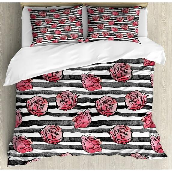 Ambesonne Floral Duvet Cover Sets, Watercolor Modern Flowers, 2-King, White Black Coral