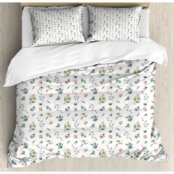 Ambesonne Floral Duvet Cover Sets, Watercolor Roses Leaf, 2-Queen, Laurel Green White