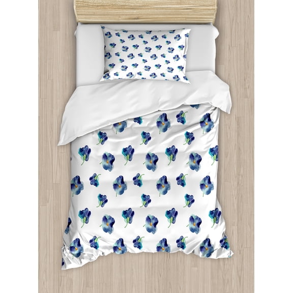 Ambesonne Floral Duvet Cover Sets, Watercolor Violet Blooms, 2-Twin, Turquoise Navy Blue