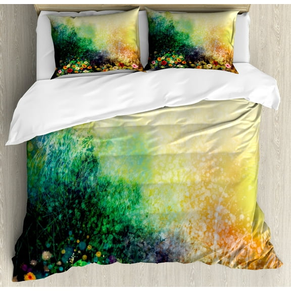 Ambesonne Floral Duvet Cover Sets, Wild Flowers on Meadow, 2-Queen, Green Mustard