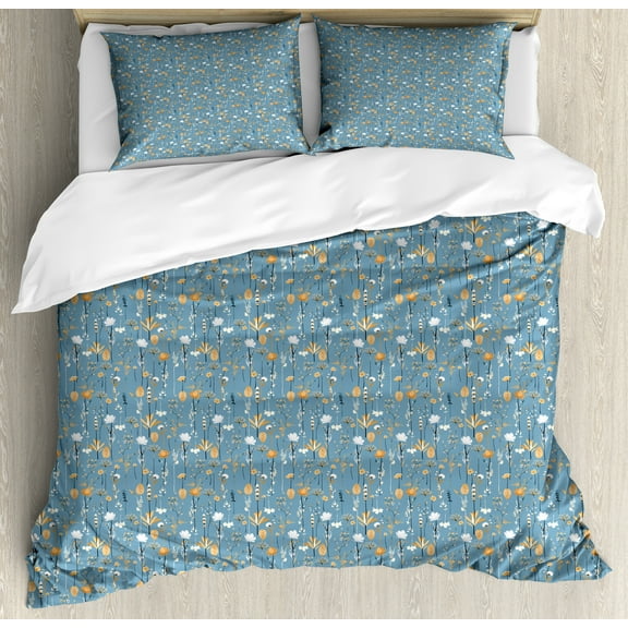 Ambesonne Floral Duvet Cover Sets, Winter Style Botanic Bloom, 2-Queen, Blue Grey Multicolor