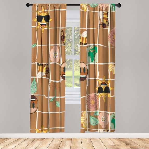 Ambesonne Floral Emoji Curtains, Earthy Pastel Summer, Pair of 28"x84", Caramel Mustard Champagne
