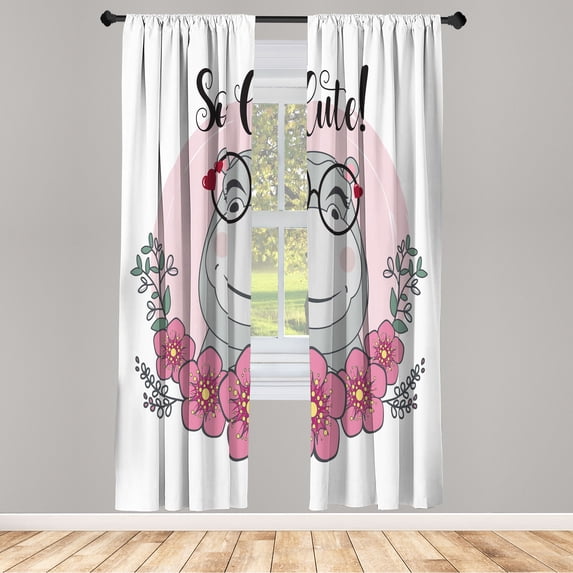 Ambesonne Floral Emoji Curtains, Happy Hippo Flowers, Pair of 28"x63", Pastel Pink and Dark Grey