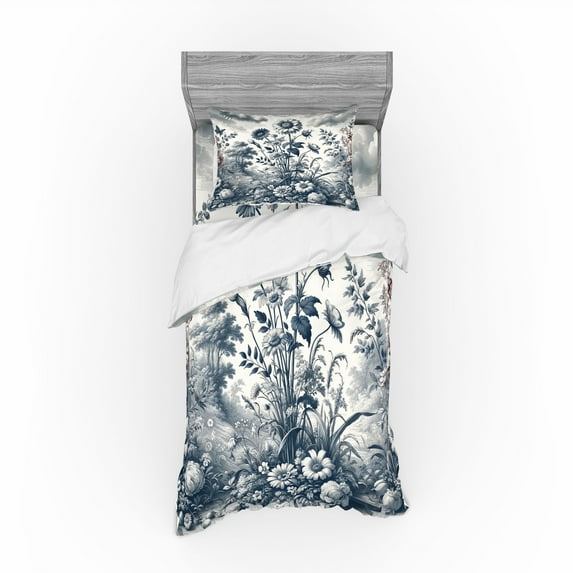 Ambesonne Floral Eucalyptus Bedding Set 3 Pcs, Vintage Flowering, Twin, Slate Blue and Burgundy