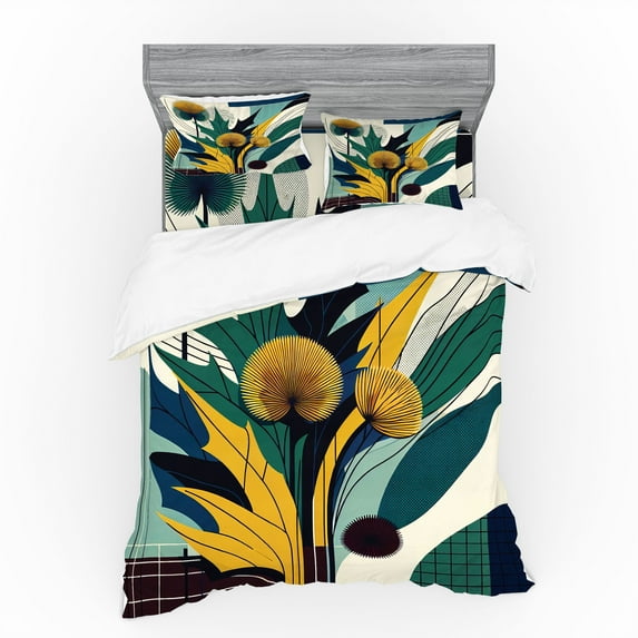 Ambesonne Floral Eucalyptus Bedding Set 4 Pcs, Abstract Thistles, King, Teal Mustard Blue