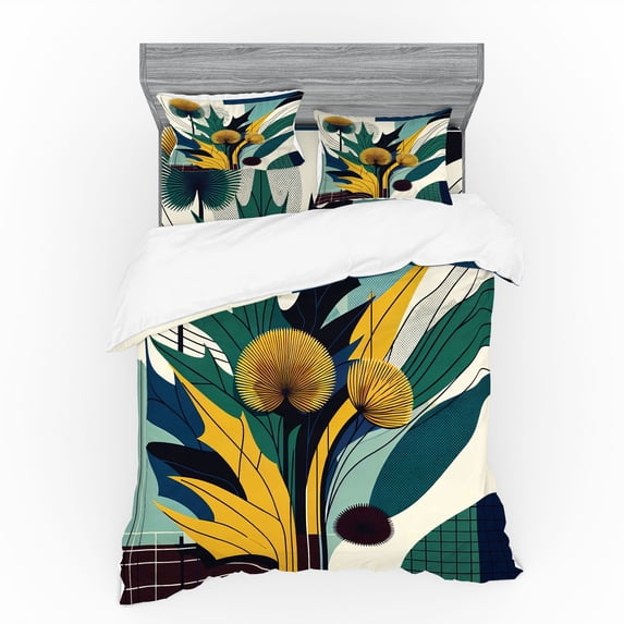 Ambesonne Floral Eucalyptus Bedding Set 4 Pcs, Abstract Thistles, Queen, Teal Mustard Blue