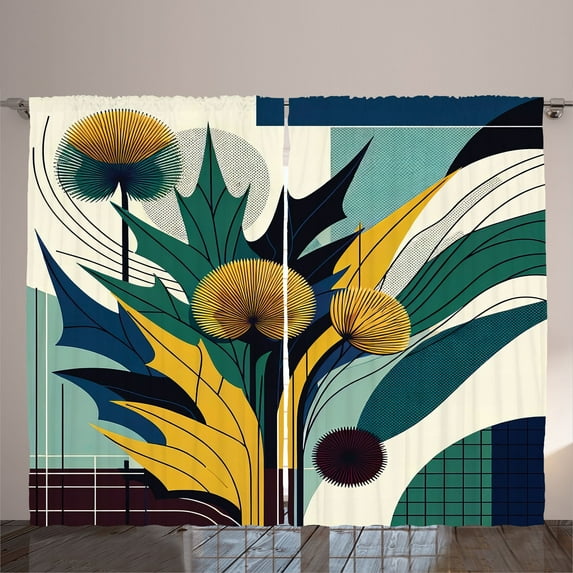 Ambesonne Floral Eucalyptus Curtains 2 Panel Set, Abstract Thistles, 108" x 96", Teal Mustard Blue