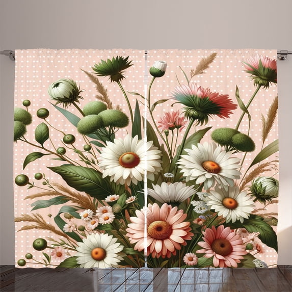 Ambesonne Floral Eucalyptus Curtains 2 Panel Set, Blushing Blooms, 108" x 63", Blush Forest Green Pink