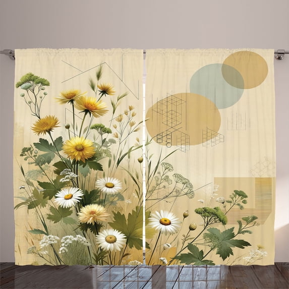 Ambesonne Floral Eucalyptus Curtains 2 Panel Set, Pastel Abloom, 108" x 84", Ivory Sage Green Mustard