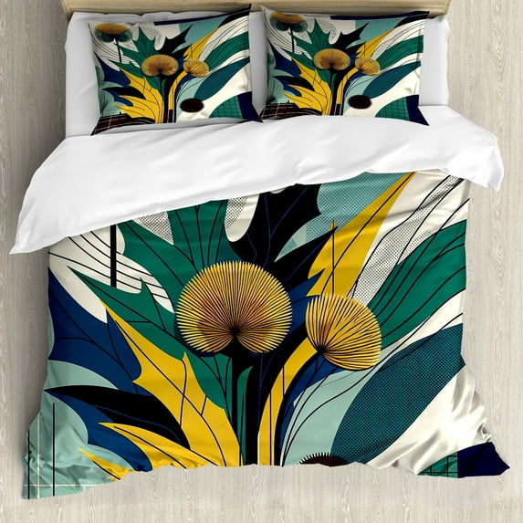 Ambesonne Floral Eucalyptus Duvet Cover Set, Abstract Thistles, Queen, Teal Mustard Blue