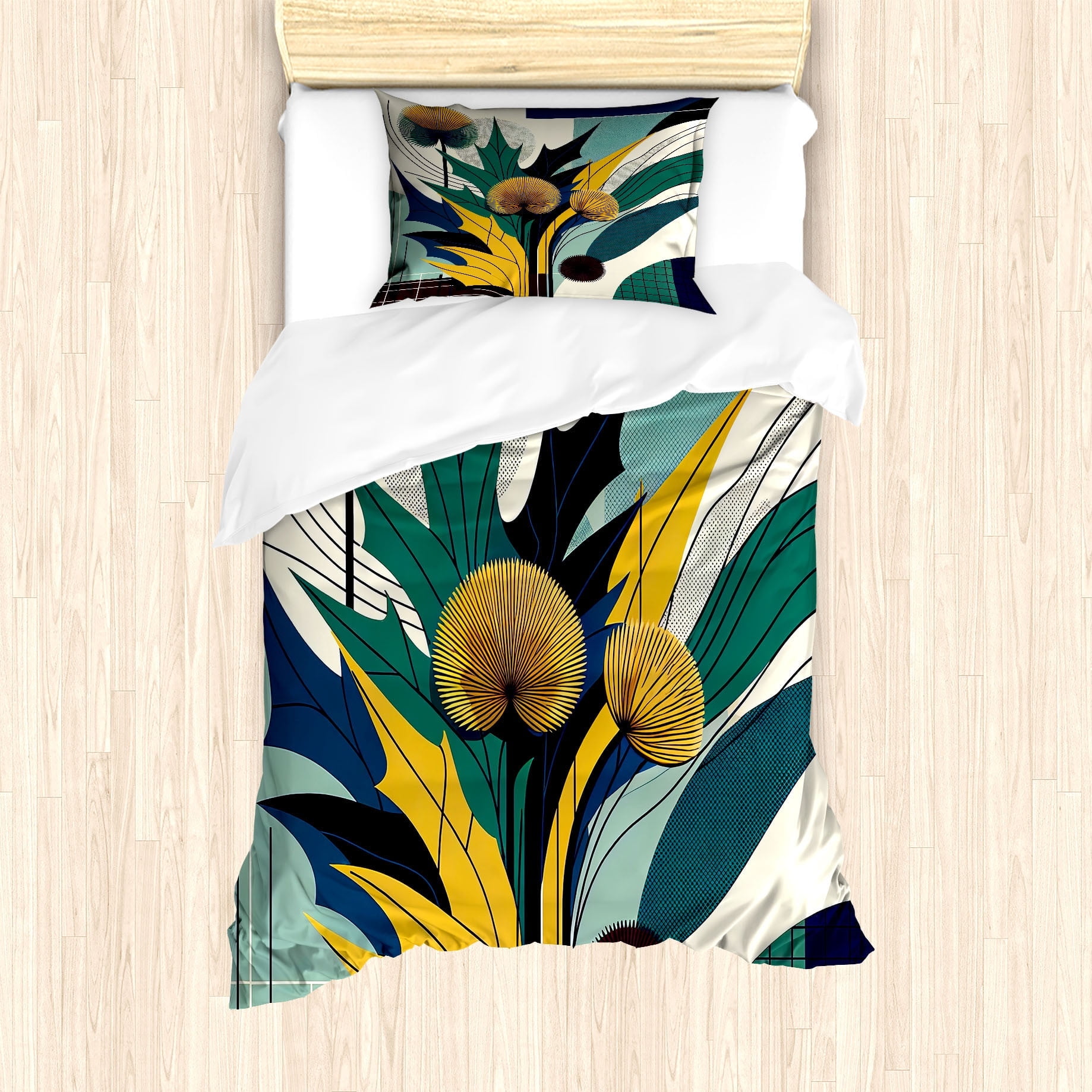 Teal Mustard Blue Floral Eucalyptus Twin Duvet Cover Set