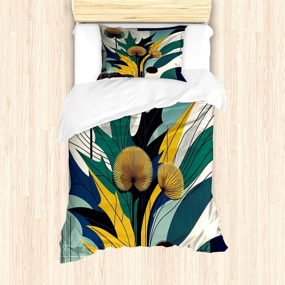 Ambesonne Floral Eucalyptus Duvet Cover Set, Abstract Thistles, Twin, Teal Mustard Blue