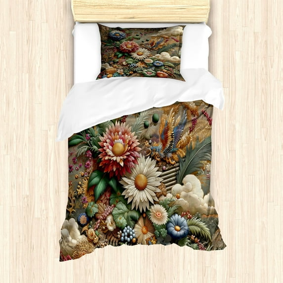 Ambesonne Floral Eucalyptus Duvet Cover Set, Art Nouveau Bloom, Twin, Sepia Multicolor