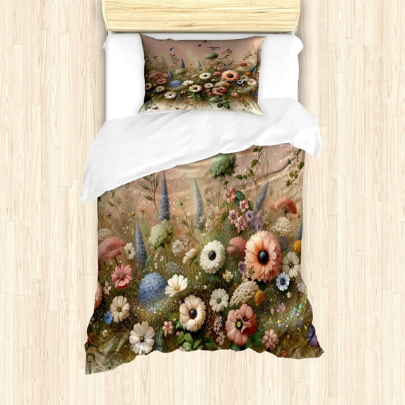 Ambesonne Floral Eucalyptus Duvet Cover Set, Boho Wild Garden, Twin, Rose and Olive Green