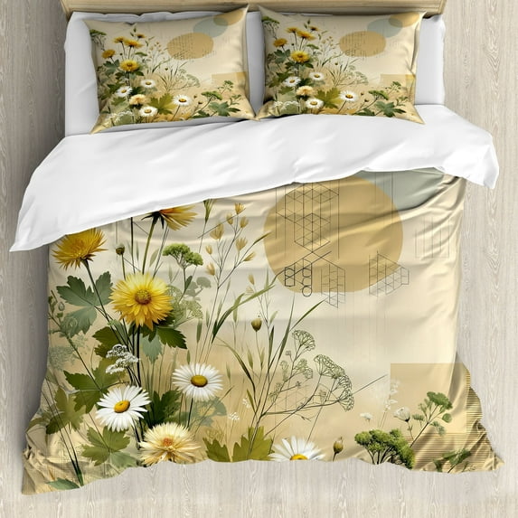 Ambesonne Floral Eucalyptus Duvet Cover Set, Pastel Abloom, King, Ivory Sage Green Mustard
