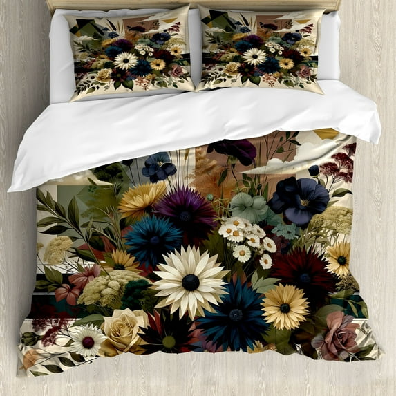 Ambesonne Floral Eucalyptus Duvet Cover Set, Rustic Seasonal, King, Eggshell Maroon Green