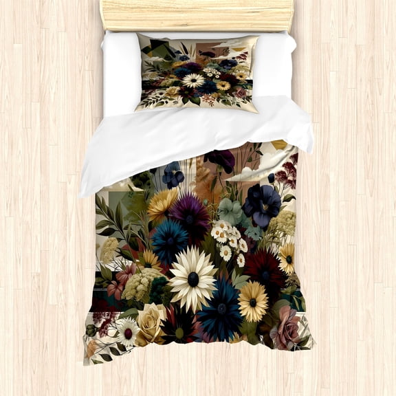 Ambesonne Floral Eucalyptus Duvet Cover Set, Rustic Seasonal, Twin, Eggshell Maroon Green