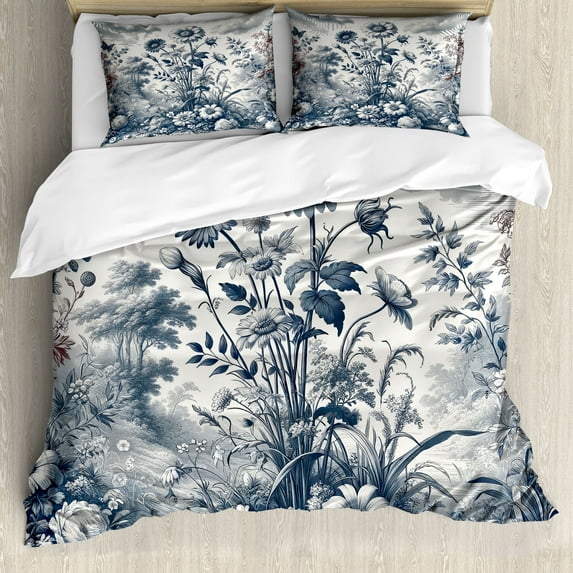 Ambesonne Floral Eucalyptus Duvet Cover Set, Vintage Flowering, King, Slate Blue and Burgundy