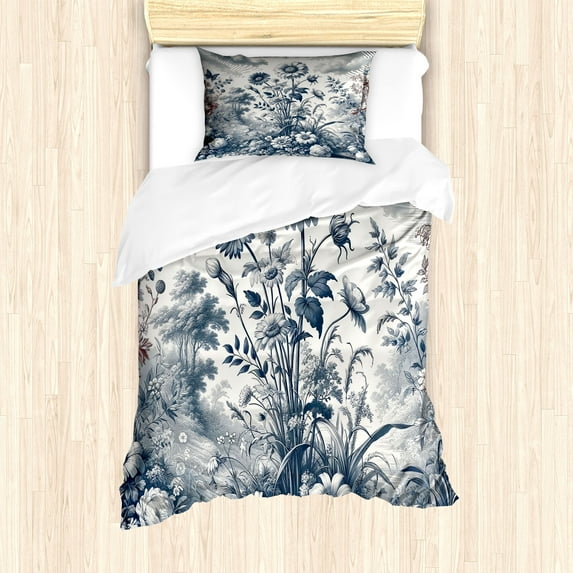 Ambesonne Floral Eucalyptus Duvet Cover Set, Vintage Flowering, Twin, Slate Blue and Burgundy