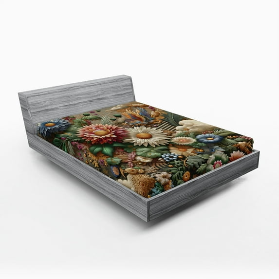 Ambesonne Floral Eucalyptus Fitted Sheet, Art Nouveau Bloom, King Size, Sepia Multicolor