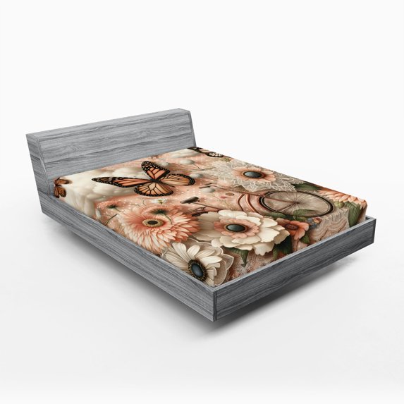 Ambesonne Floral Eucalyptus Fitted Sheet, Flowers and Bike, Queen Size, Peach Peacock Green