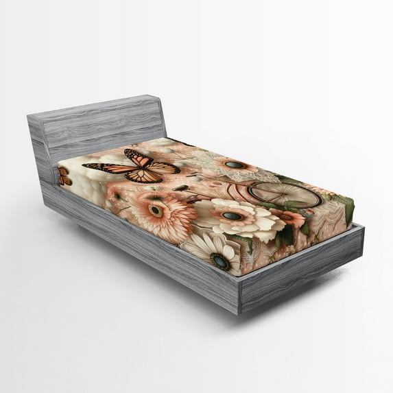 Ambesonne Floral Eucalyptus Fitted Sheet, Flowers and Bike, Twin Size, Peach Peacock Green