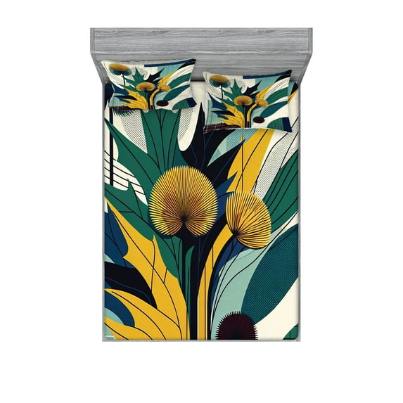 Ambesonne Floral Eucalyptus Fitted Sheet & Pillow Sham Set, Abstract Thistles, Queen, Teal Mustard Blue