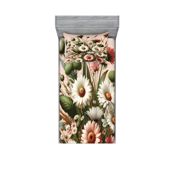 Ambesonne Floral Eucalyptus Fitted Sheet & Pillow Sham Set, Blushing Blooms, Twin, Blush Forest Green Pink