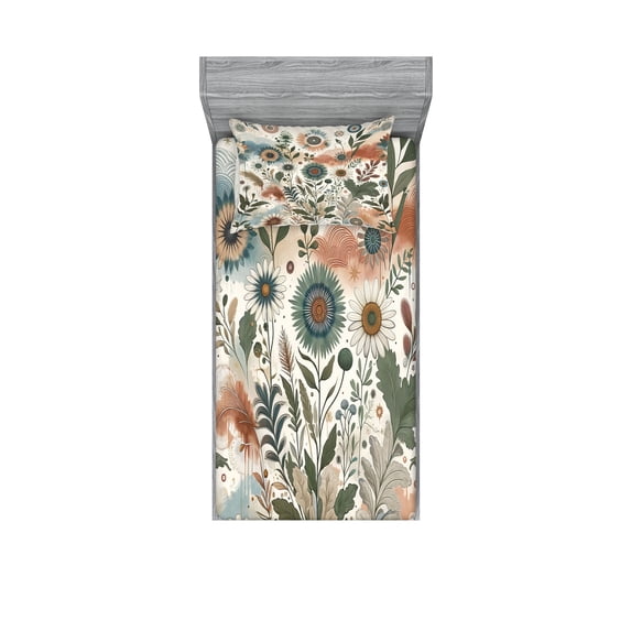 Ambesonne Floral Eucalyptus Fitted Sheet & Pillow Sham Set, Tender Garden, Twinxl, Pale Rose Slate Blue