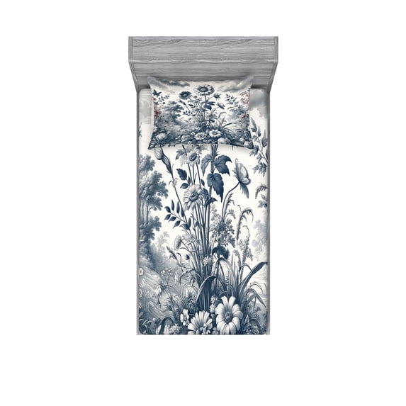 Ambesonne Floral Eucalyptus Fitted Sheet & Pillow Sham Set, Vintage Flowering, Twin, Slate Blue and Burgundy