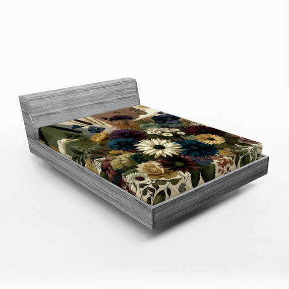 Ambesonne Floral Eucalyptus Fitted Sheet, Rustic Seasonal, California King, Eggshell Maroon Green