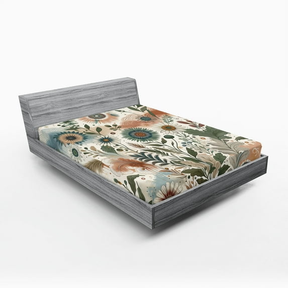Ambesonne Floral Eucalyptus Fitted Sheet, Tender Garden, Queen Size, Pale Rose Slate Blue